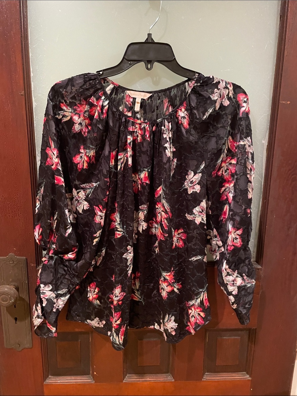 Rebecca Taylor Black Floral Peasant Blouse with Pink Blooms